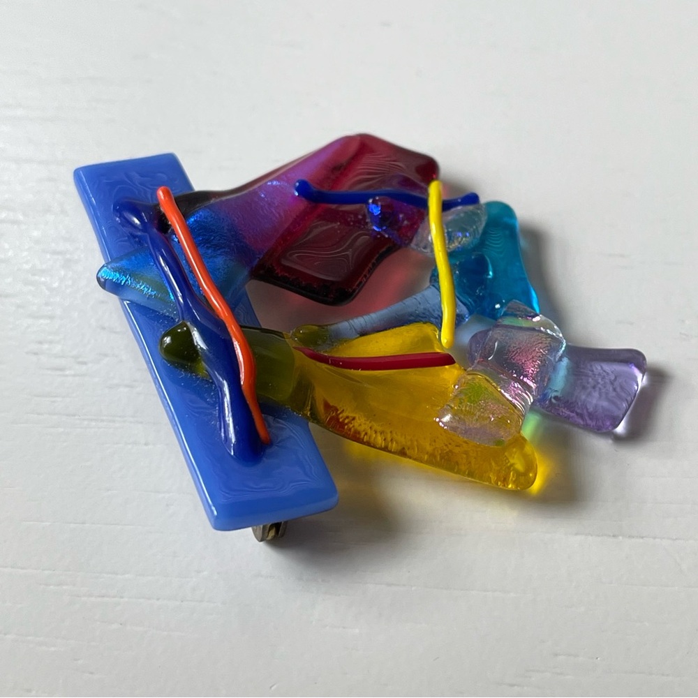 Signed vintage colorful fused art glass brooch ‘80s ‘90s - Picture 6 of 12